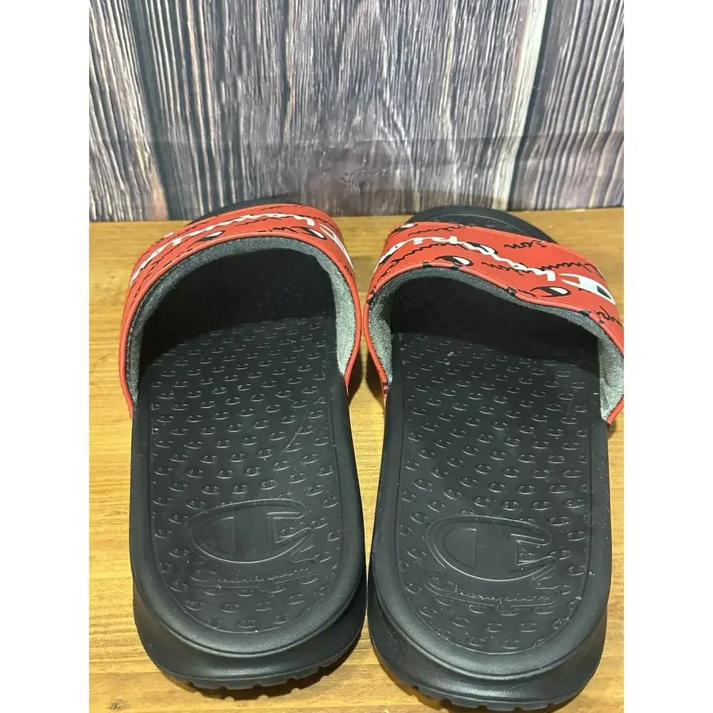Champion Script Sliders Logo Red & Black Mens Sandals 9M Flip Flops Slides